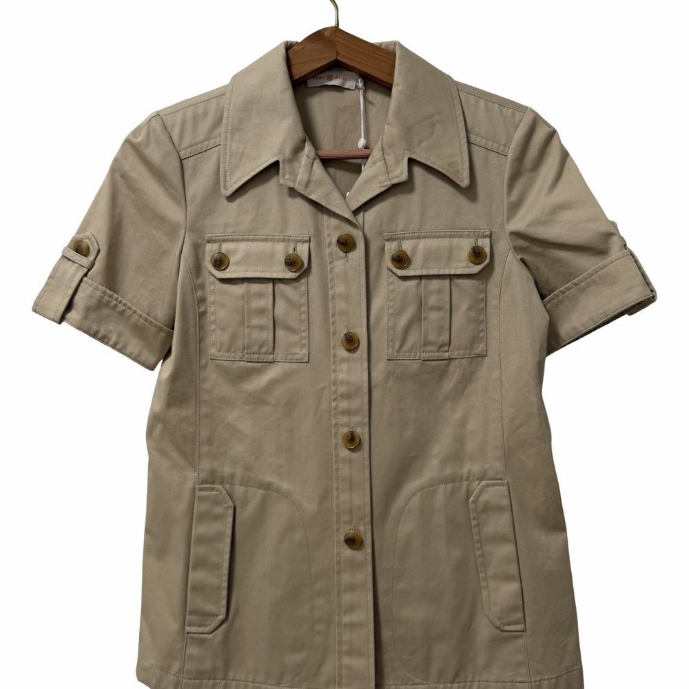 Tory Burch Womens Cotton Twill Safari Short Sleeve Collared Shirt Size 0 Khaki - Picture 2 of 8